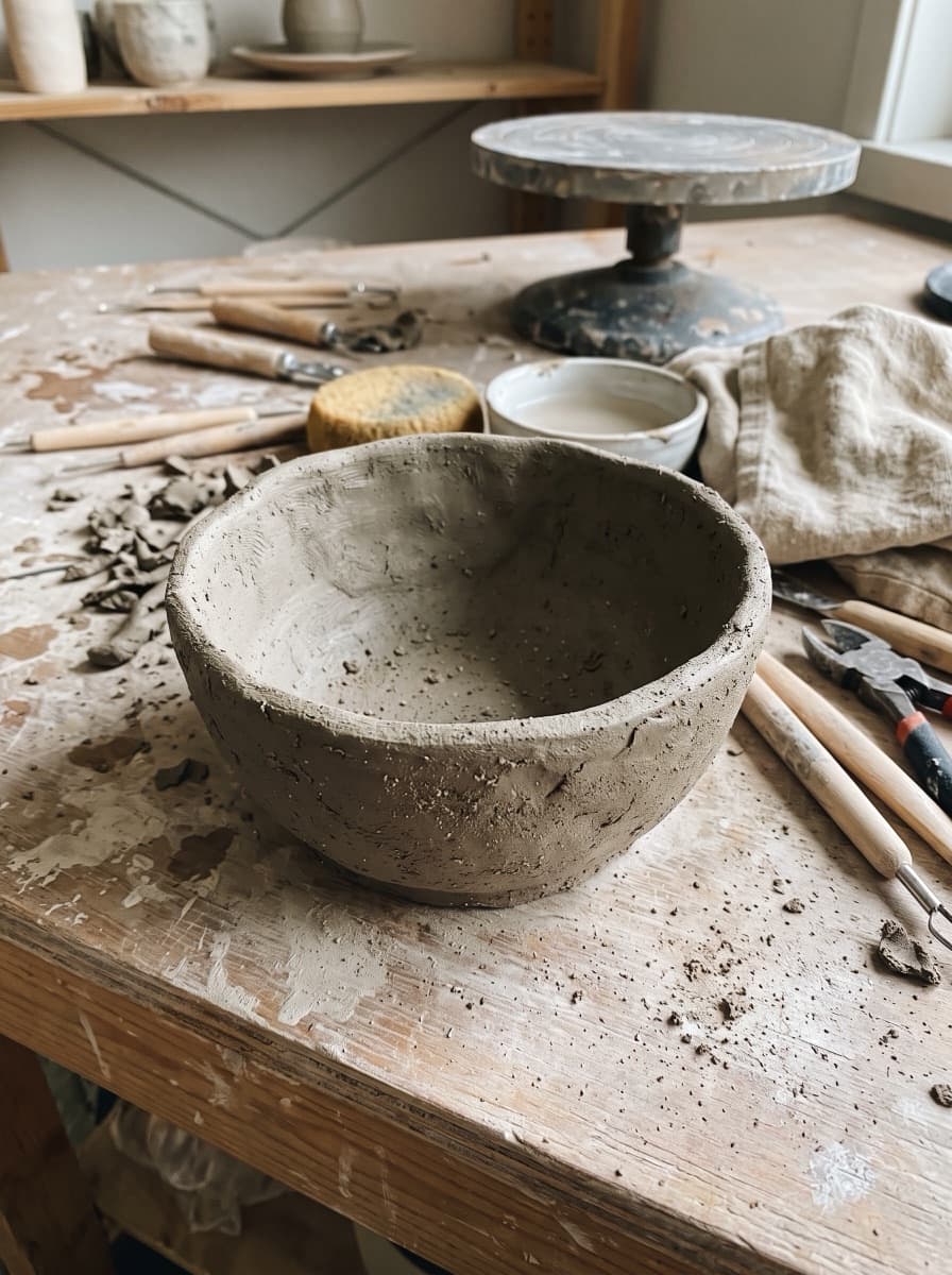 Glinana misa na stole w pracowni ceramicznej
